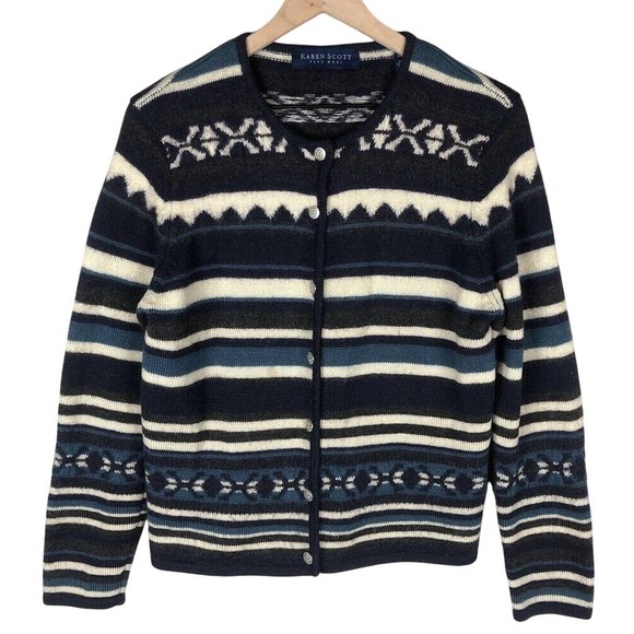 Karen Scott Sweaters - VTG KAREN SCOTT Pure Wool Cardigan Sz M Metal Button Australia Crew Neck